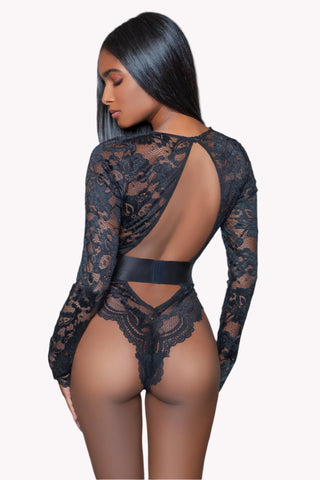 Long Sleeve Plunging Lace Thong Bodysuit
