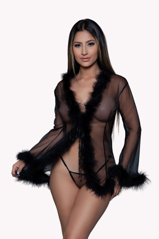 Sheer Fur Trim Robe, Short Chiffon Luxury Housecoat