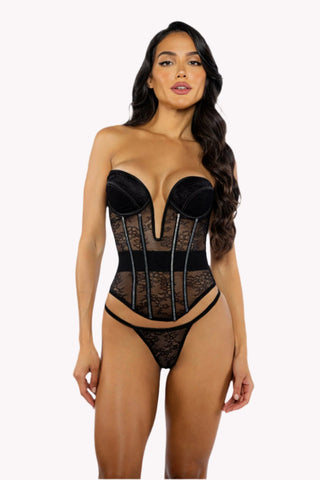 Chantilly Lace & Satin Plunge Lace Up Corset Lingerie Set