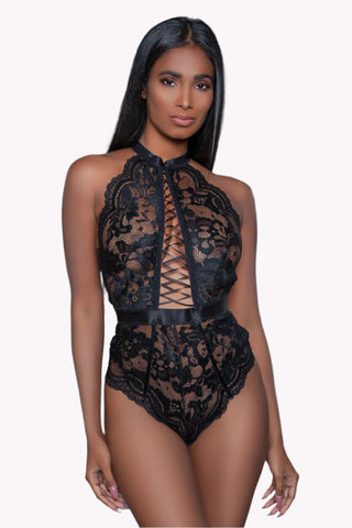 Cutout Lace Teddy Lingerie, Halter Thong Bodysuit