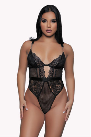 Cutout Mesh Teddy, Chain Strap Thong Bodysuit Lingerie