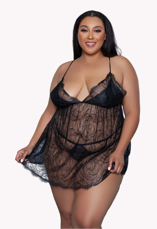 Deep-V Semi Sheer Lace Babydoll Lingerie Set W/ Matching Thong
