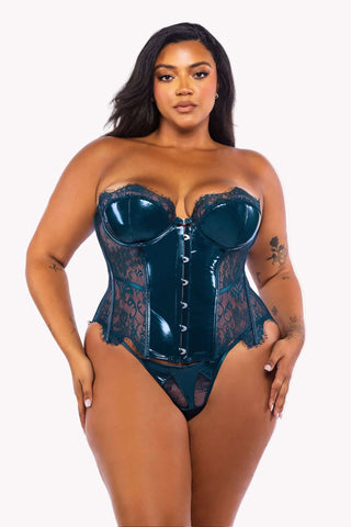 Eyelash Lace & Leather Corset Set, 2 Piece Bustier Lingerie Set
