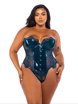 Eyelash Lace & Leather Corset Set, 2 Piece Bustier Lingerie Set