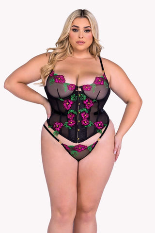 Floral Embroidered Corset Set, 2 Piece Mesh Bustier Lingerie Set