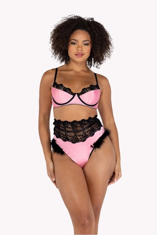 Floral Embroidered Satin Bra Set w/ Faux Fur Trim