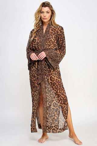 Long Sleeve Leopard Print Chiffon Robe With High Slit