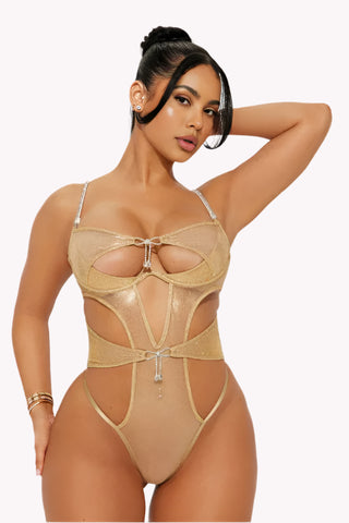 Sparkly Cutout Bodysuit Lingerie, Strappy Metallic Mesh Teddy
