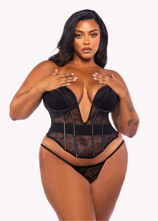 Chantilly Lace & Satin Plunge Lace Up Corset Lingerie Set