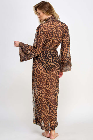 Long Sleeve Leopard Print Chiffon Robe With High Slit