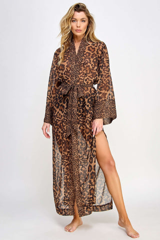 Long Sleeve Leopard Print Chiffon Robe With High Slit