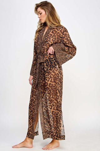 Long Sleeve Leopard Print Chiffon Robe With High Slit