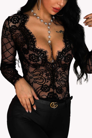 Plunging Lace Bodysuit, Long Sleeve Sheer Teddy