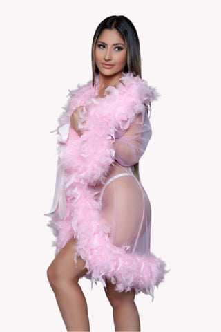Luxury Long Sleeve Sheer Feather Boa Robe w/ Satin Ribbon Tie 