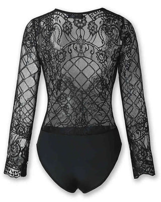 Plunging Lace Bodysuit, Long Sleeve Sheer Teddy