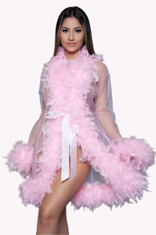 Luxury Long Sleeve Sheer Feather Boa Robe w/ Satin Ribbon Tie 