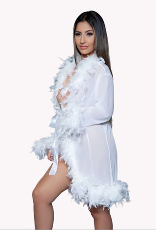 Luxury Long Sleeve Sheer Feather Boa Robe w/ Satin Ribbon Waist Tie 