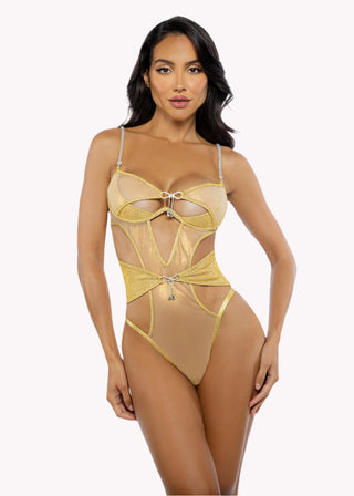 Metallic Cutout Bodysuit Lingerie, Strappy Sparkly Mesh Teddy
