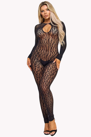 Open Front Long Sleeve Sheer Leopard Bodystocking Lingerie