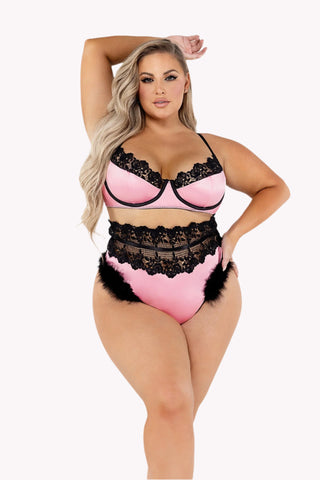 Floral Embroidered Satin Bra Set w/ Faux Fur Trim