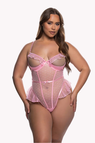 Pink Mesh Teddy Lingerie, Open Cup Bodysuit