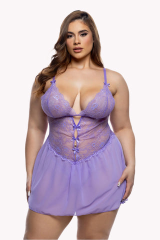 Plunge Chantilly Lace Babydoll Lingerie Set w/ Bow Tie 