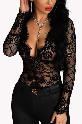 Plunging Lace Bodysuit, Long Sleeve Sheer Teddy
