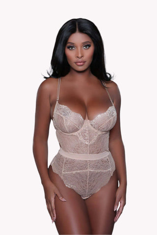 Plunging Lace Teddy, Cutout Thong Bodysuit w/ Hook Eye Closure