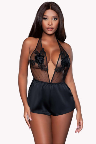 Plunging Sheer Floral Appliqué Mesh Backless Romper Lingerie