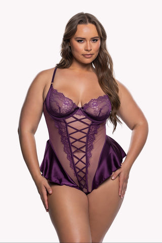 Satin Mesh Bodysuit Lingerie, Criss-Cross Lace Teddy 