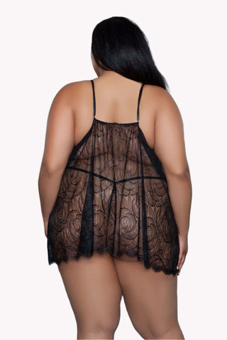 Deep-V Semi Sheer Lace Babydoll Lingerie Set W/ Matching Thong
