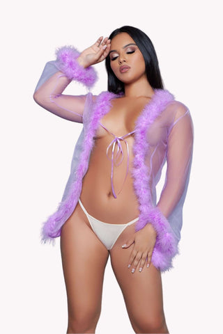 Sheer Fur Trim Robe, Short Chiffon Luxury Housecoat