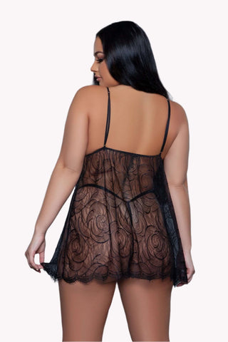 Deep-V Semi Sheer Lace Babydoll Lingerie Set W/ Matching Thong