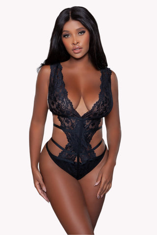 Sexy Plunge Cutout Lace Teddy Lingerie, Strappy Thong Bodysuit