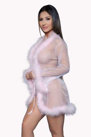 Sheer Fur Trim Robe, Short Chiffon Luxury Housecoat