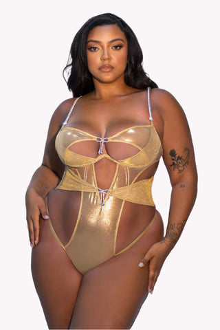 Sparkly Cutout Bodysuit Lingerie, Strappy Metallic Mesh Teddy