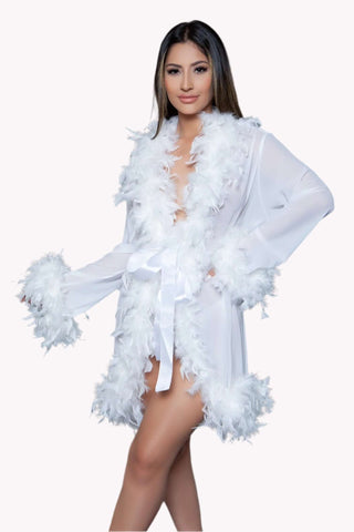 Luxury Long Sleeve Sheer Feather Boa Robe w/ Satin Ribbon Waist Tie 